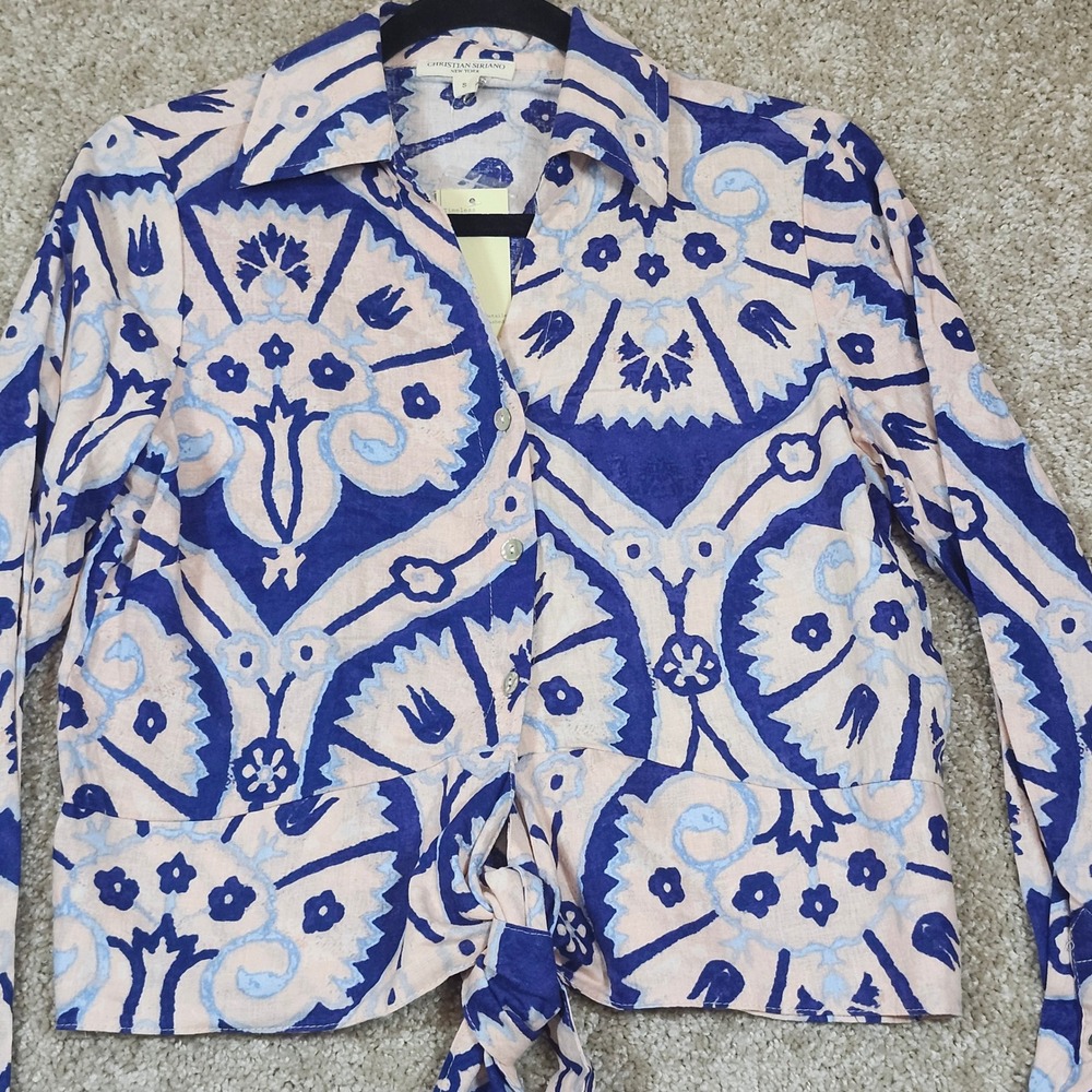Christian‎ Siriano Shirt Tie Front Blue Paisley Linen Blend Boho S - Picture 3 of 10